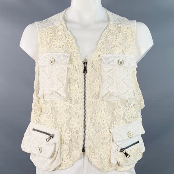EARTHLING VIP Size L Beige White Lace Oversized Cargo Pockets Vest - Picture 1 of 5